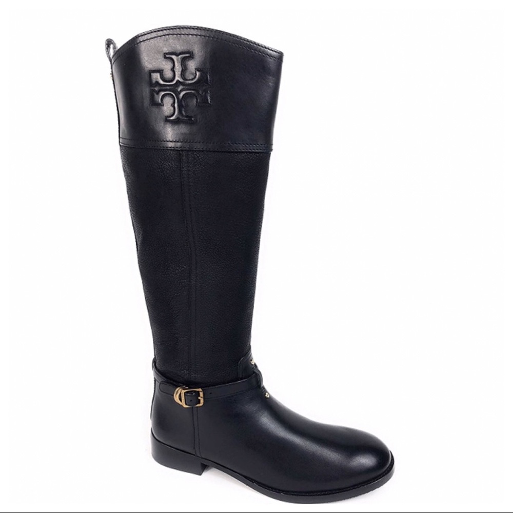 Tory Burch Simone Black Leather Logo Riding Boots
